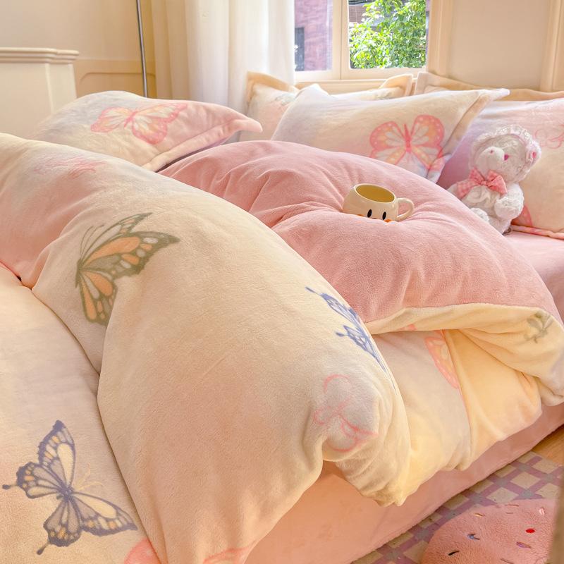

Thickened Milk Fleece Four-Piece Set Girl S Heart Coral Fleece Bed Sheet Quilt Cover Bedding Fleece Quilt Cover Single Quilt Cover 1.5 * 2.0m