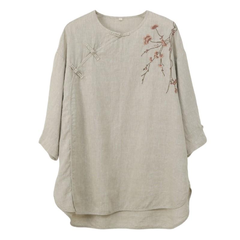 Johnature Women Embroidery Floral Shirts O-Neck Tops Chinese Style Solid Color Blouses Summer Loose Shirts