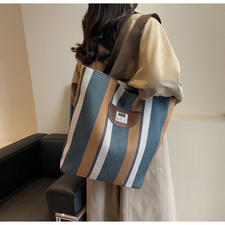 Striped Canvas Bag Women's New Summer Casual Lightweight Shoulder Bag Large Capacity Tote Bag Shopping Bag