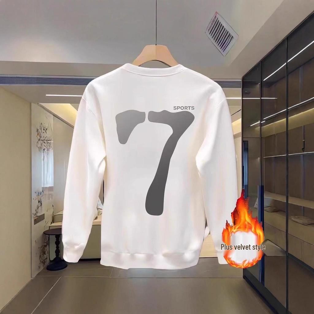 Herren Schweres Baumwoll-Sweatshirt - Koreanischer Stil, Langärmlig, Rundhalsausschnitt, Persönlichkeitszahl 7, Perfekt für Herbst und Winter