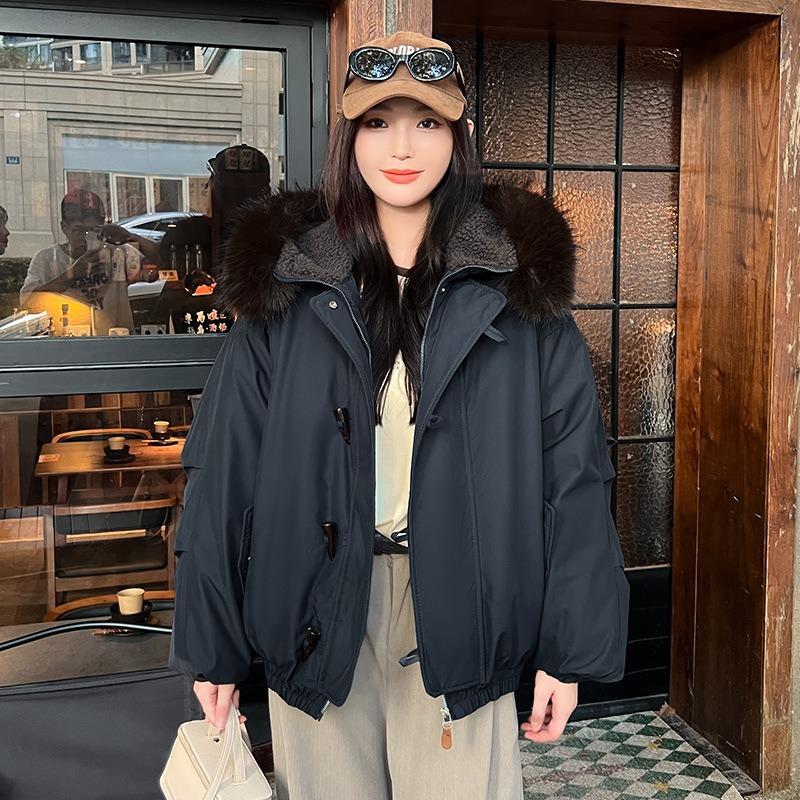 Retro fur collar hooded cotton jacket women's clothing winter new horn buckle thickened warm cotton coat