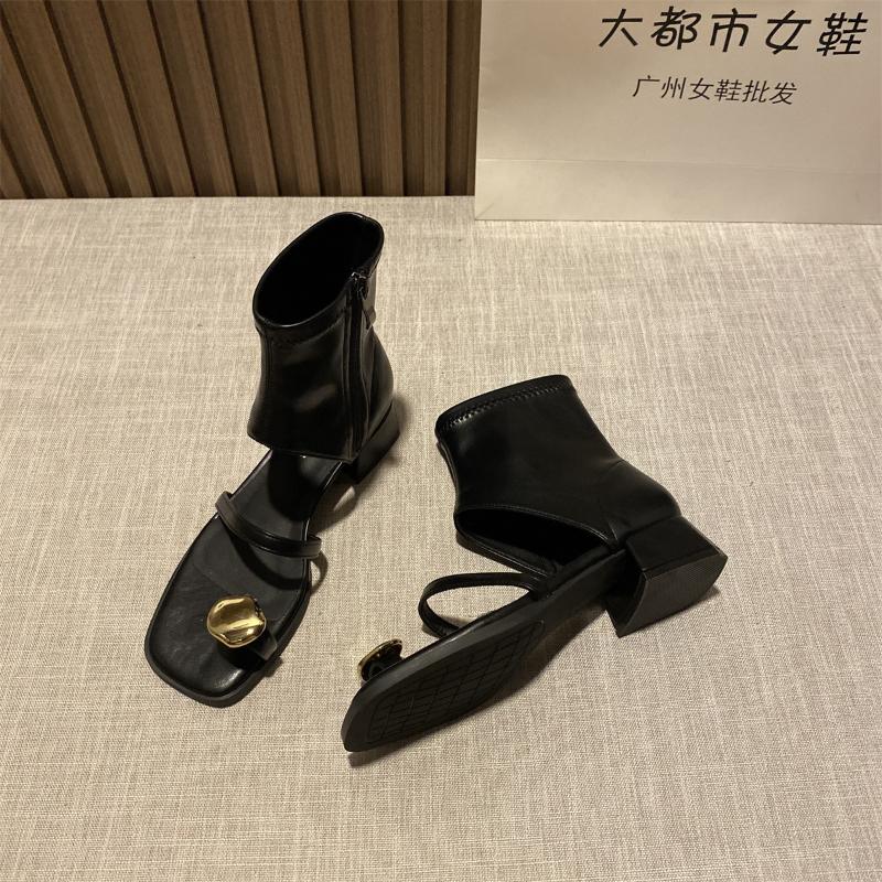 Fashion Design Sensation Black Sandals Women 2025Summer Square Head Thick Heel Bootie Hollow Out Side Zipper Toe Short Boot Korean Style