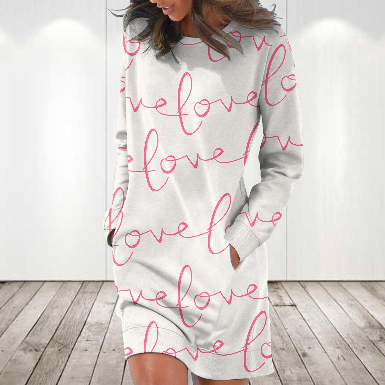 Women s Casual Printed Long Sleeve Round Neck Pocket Dress L