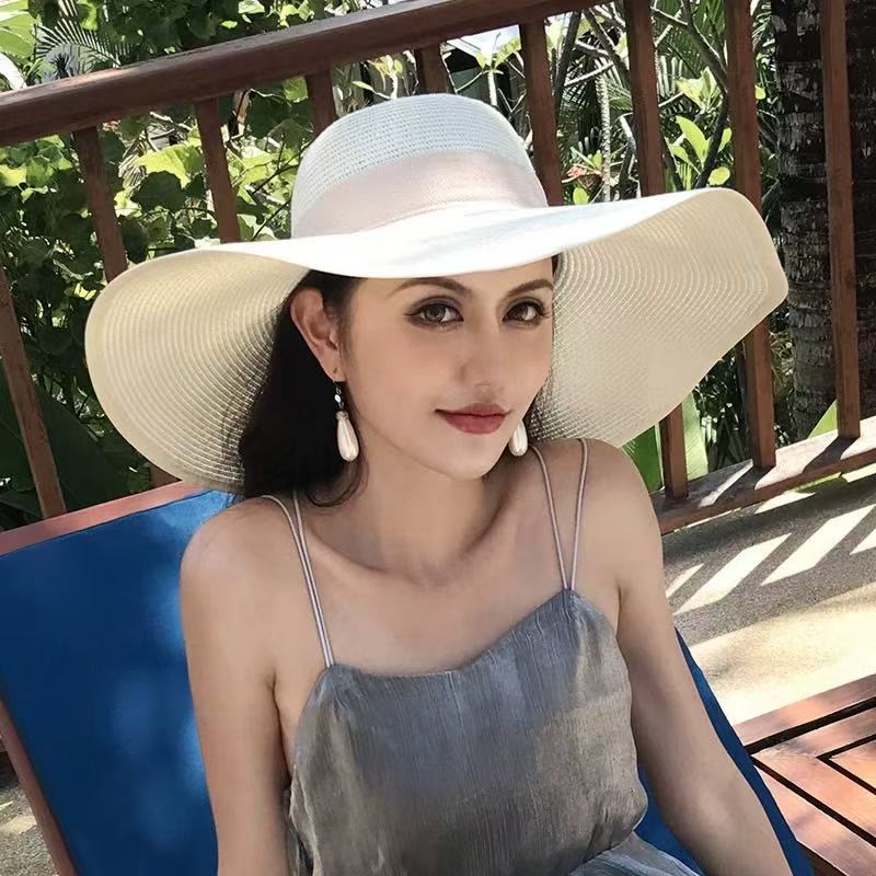 Lace Lace Beach Hat Straw Hat Women's Summer Curled Seaside Hollow Lafite Sun Hat Big Brim