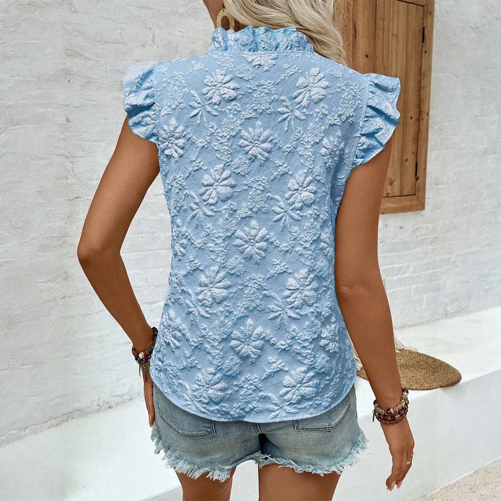 Women's Fashionable Color V-neck Vest With Ruffle Edge Short Sleeved Shirt Top