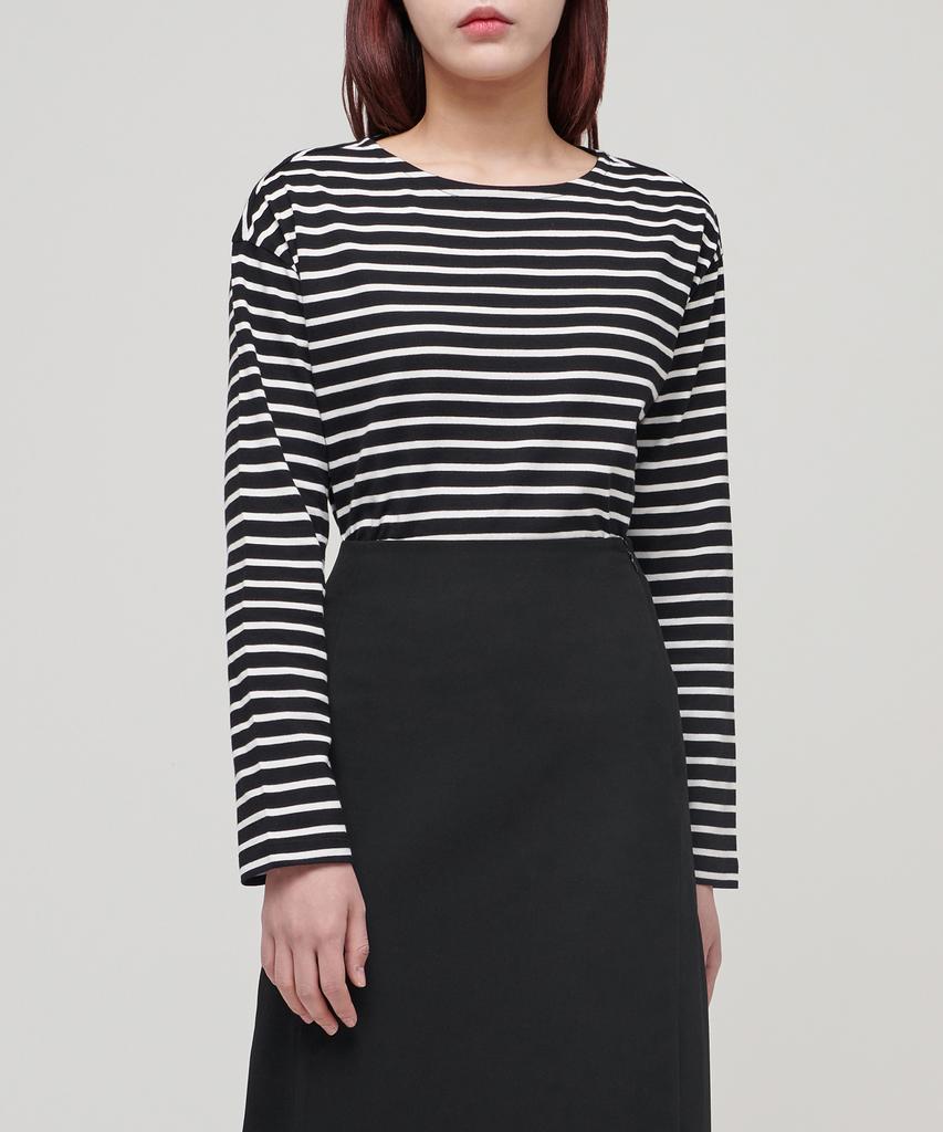 MUSINSA STANDARD WOMAN Women'S Striped Boat Neck Long Sleeve T-Shirt [Black/Ivory]