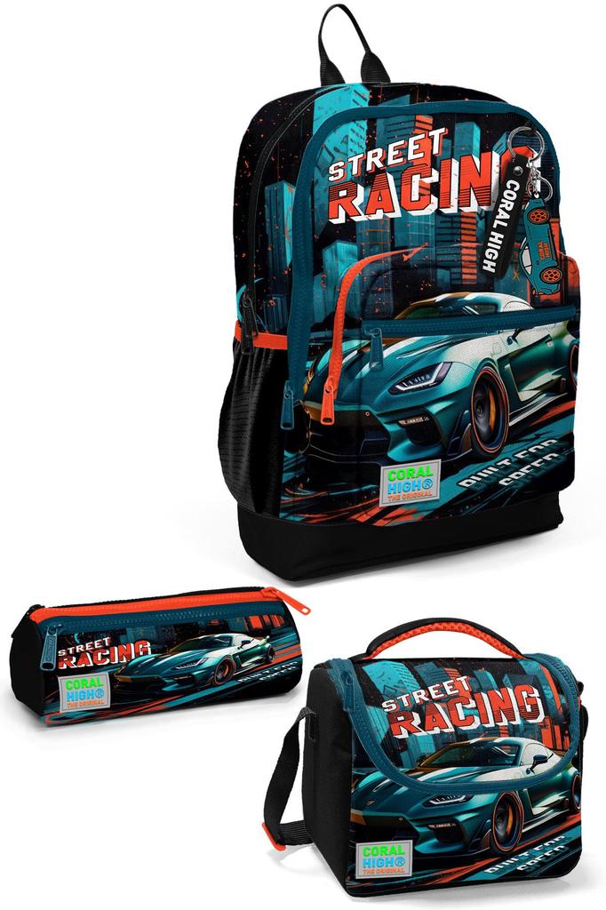 coral high Dětská sada třídílných školních tašek se vzorem černého závodního auta SET0123765