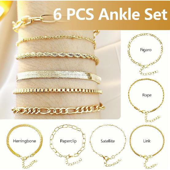 6 PCS Gold Ankle Bracelets for Women, Gold Jewelry Set Layered Anklet Plated Waterproof Filled Bracelet Cuban Link Chain Fashion Adjustable Size for