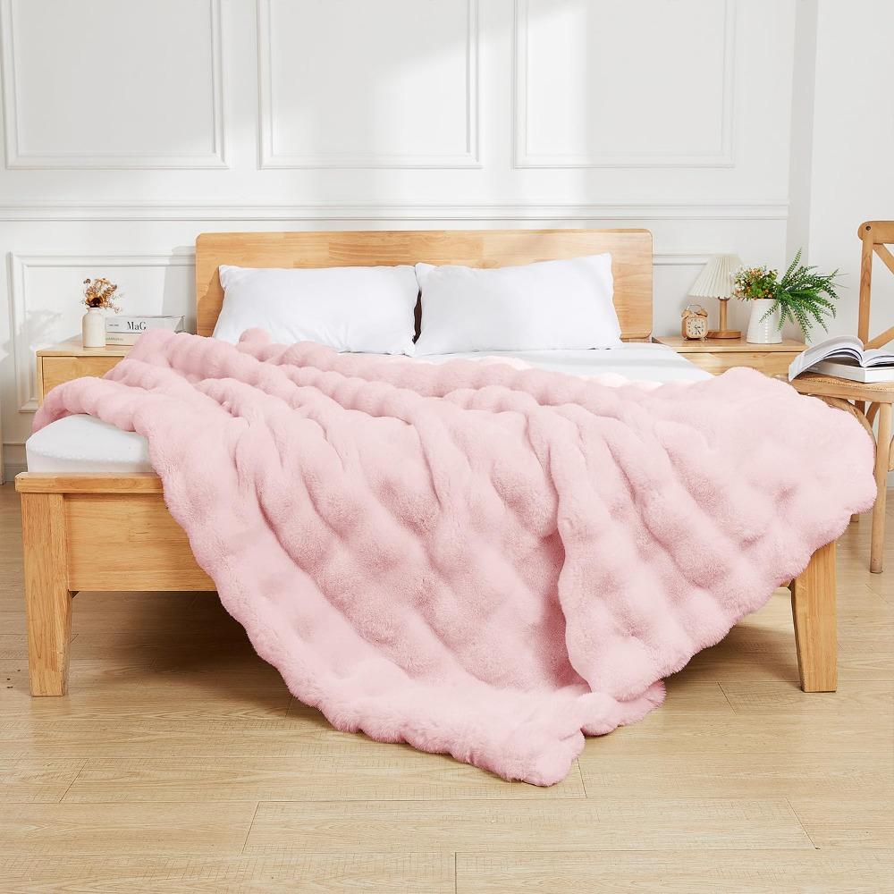 Double Sided Thickened Warm Soft Faux Rabbit Fur Bubble Plush Blanket Tuscany Style for Office Nap Sofa Throw Bedroom Decor Home