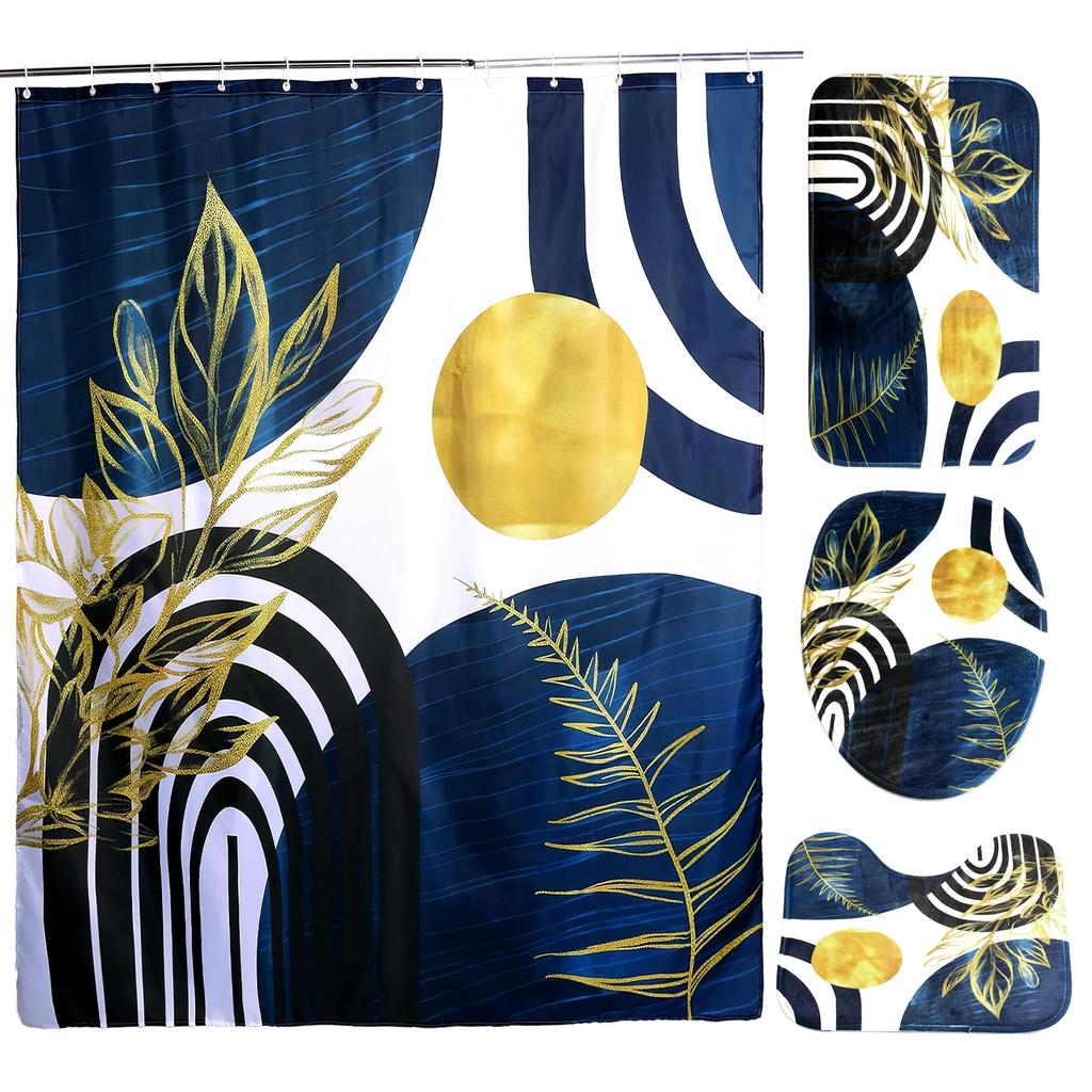 4 Pcs Set Vintage Bath Curtain with Hooks and Rugs Bath Mat U Shape Toilet Lid Cover Mat Waterproof Non Slip for Multiscene