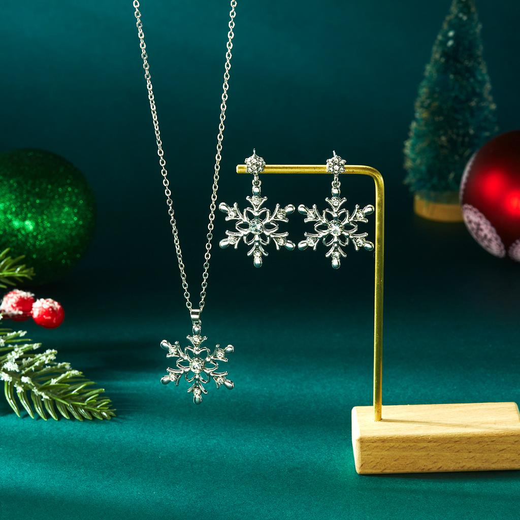 Christmas Full Rhinestone Snowflake Stud Earrings for Women Girls Exquisite Pendant Necklace Fashion Wedding Party Jewelry Set