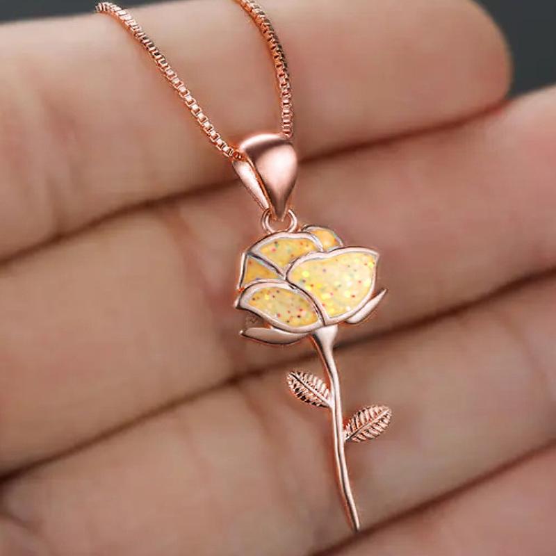 

Huitan Yellow Rose Flower Design Rose Gold Color Pendant Necklace for Lady Wedding Engagement Party Romantic Accessories Zircon