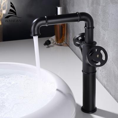 Waschbeckenarmaturen Retro Industrieller Stil Mattschwarz Messing Wasser Mischbatterie Badezimmerarmatur Heiß- und Kalt-Doppelgriffe WF-20A25R