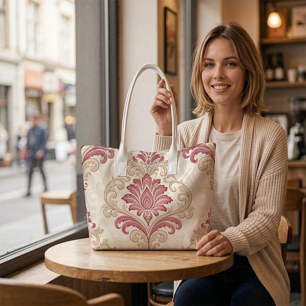 Elegant Damask Pattern Tote Bag Ladies Classic Shoulder Bag for Daily Use
