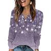 Women's Fashion V-Neck Button-Up T-Shirt With Christmas Print Long-Sleeved Top