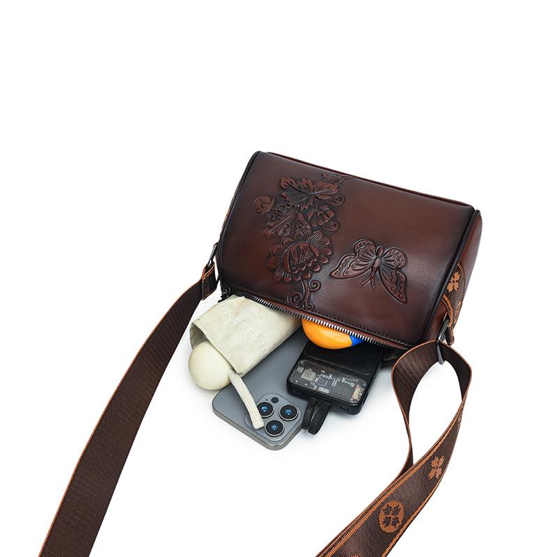 Vintage PU Leather Women Cylinder Crossbody Bag Butterfly Floral Embossed Shoulder Bag Wide Strap Retro Ladies Small Handbag for Daily Shopping