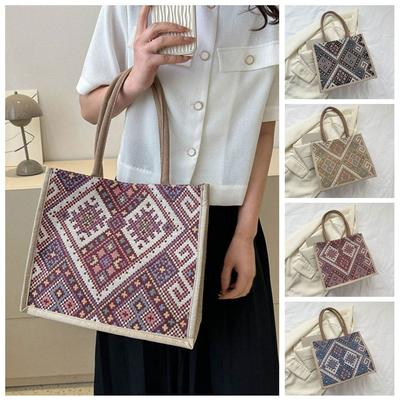 Tote Bag Ethnic Style Handbag Canvas Embroidery Shoulder Bag Geometric Cloth Bag  Cosmetic Bag