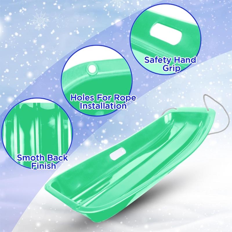 2Pcs Light Weight Portable Snow Sled with Pull Rope and Handles Plastic Cold Resistant Toboggan for Snow, Beach, Park