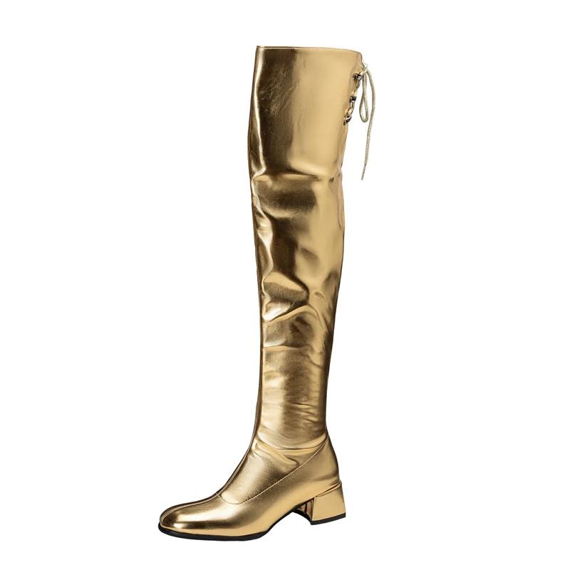 

Золотые Серебряные Туфли Женские Ботфорты выше колена Блочный Средний Каблук Боковая Молния Удобные Повседневные Вечерние Платье Ботфорты до бедра Высокие Длинные Ботинки 35 золотой
