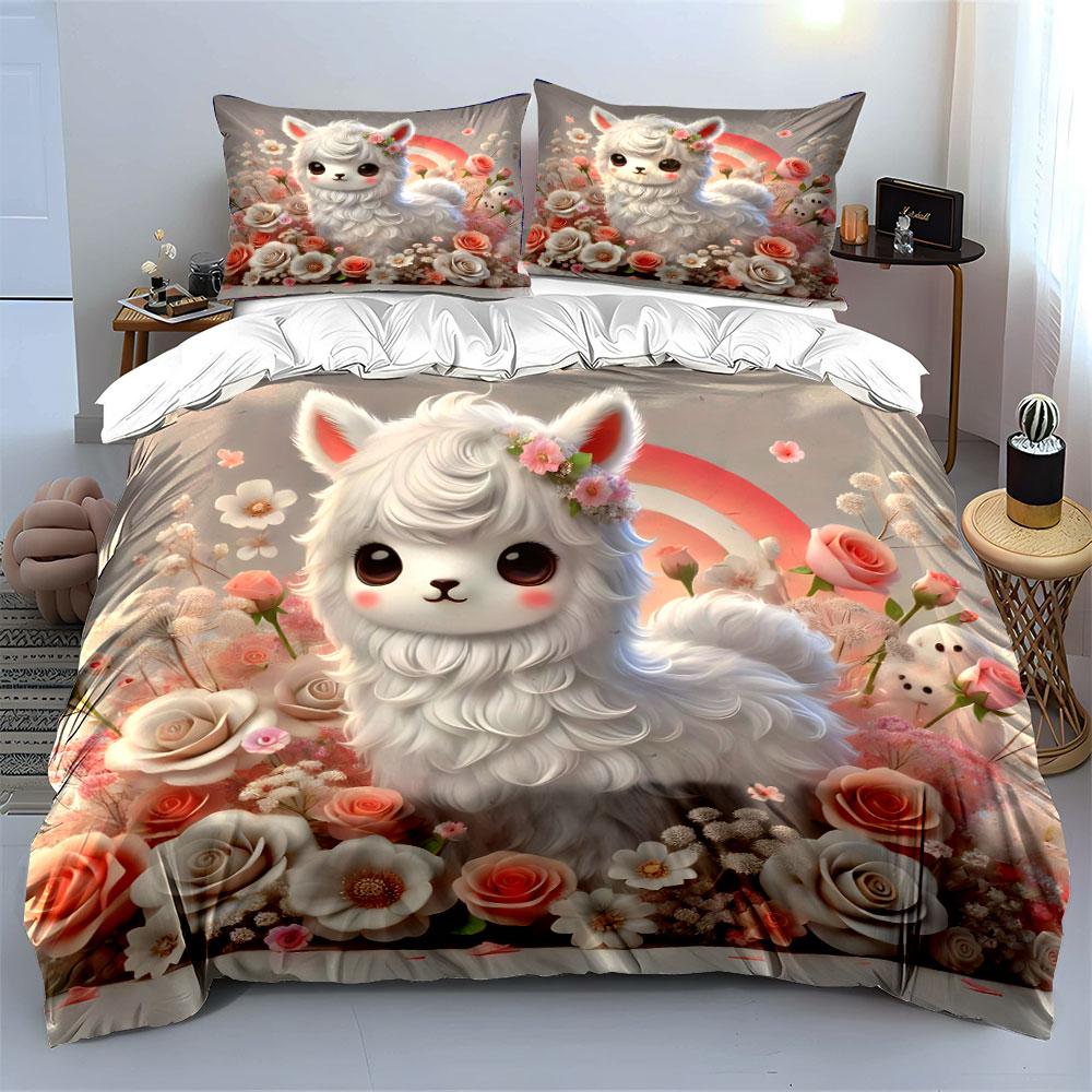Cute White Sheep With Floral Decor Duvet Cover Set With 3D Printing Design Soft Polyester Bedding Set All-Season Comfort