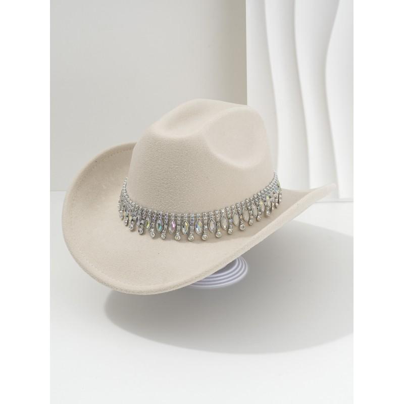 Unisex Elegant Jazz Fedora Hat With Tassel Rhinestone Belt Wedding Engagement