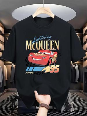 Disney Car Flash McQueen Men's T-shirt, Pure Cotton Short-sleeved Casual and Comfortable Streetwear T-shirt