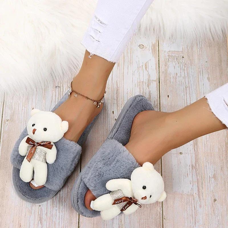 Fashion 2025 Fashion Women Winter House Furry Slippers Cute Bear Decoration Women's Slippers Soft Bottom Indoor Home Slides Mujer