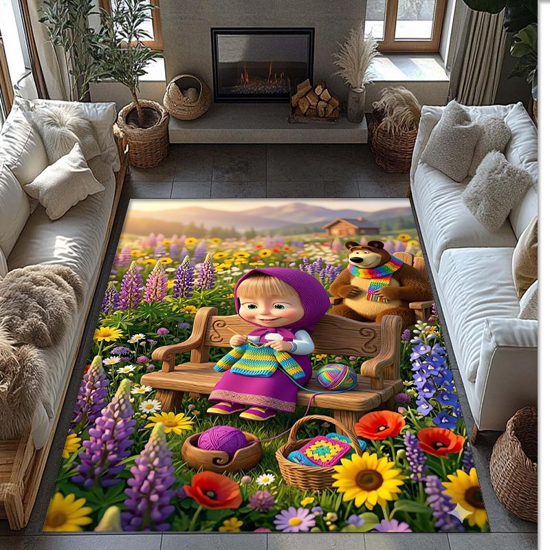 Masha and the Bear Crystal Velvet Rug, Soft Anti‑Slip Crystal Velvet Carpet for Living Room Bedroom Home Decor
