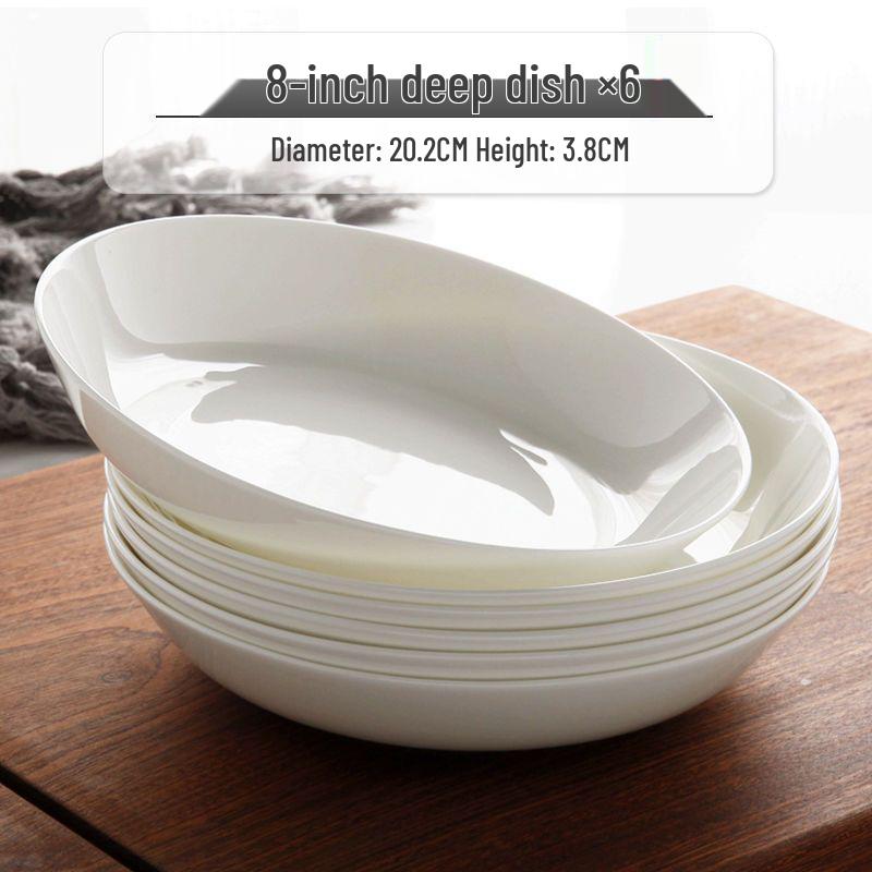 6-piece White Porcelain Deep Dinner Plate Set, 6-inch