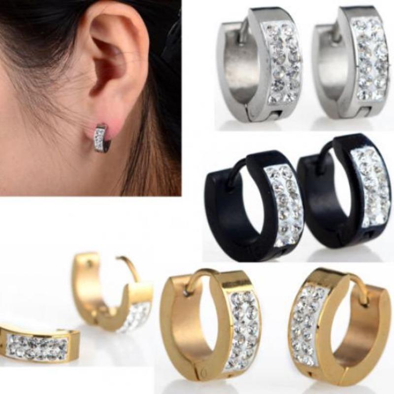 Brincos de argola punk unissex com strass incrustados em aço de titânio