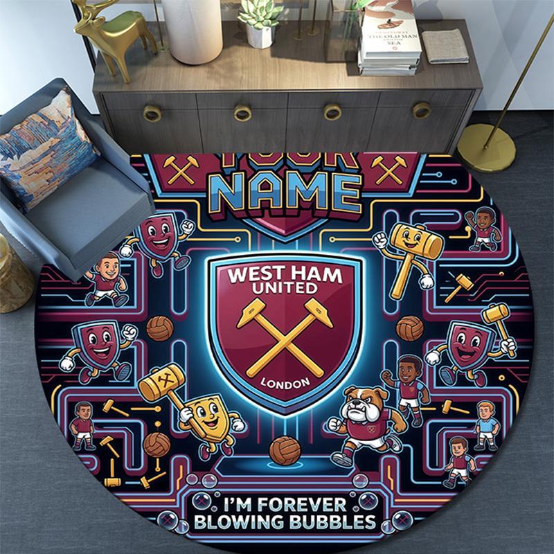 Custom Name West Ham United Round Area Rug,Carpet Rug for Living Room Bedroom Sofa Playroom Decor,Non-slip Floor Mat