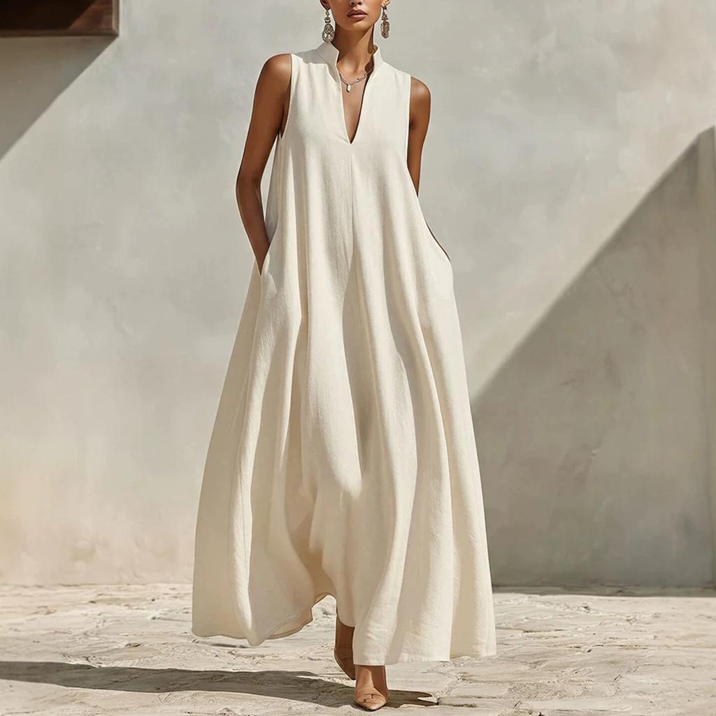 Women Sleeveless Maxi Dress V Neck Loose Fit Wide Swing Casual Summer Vacation Long Dress with Pockets