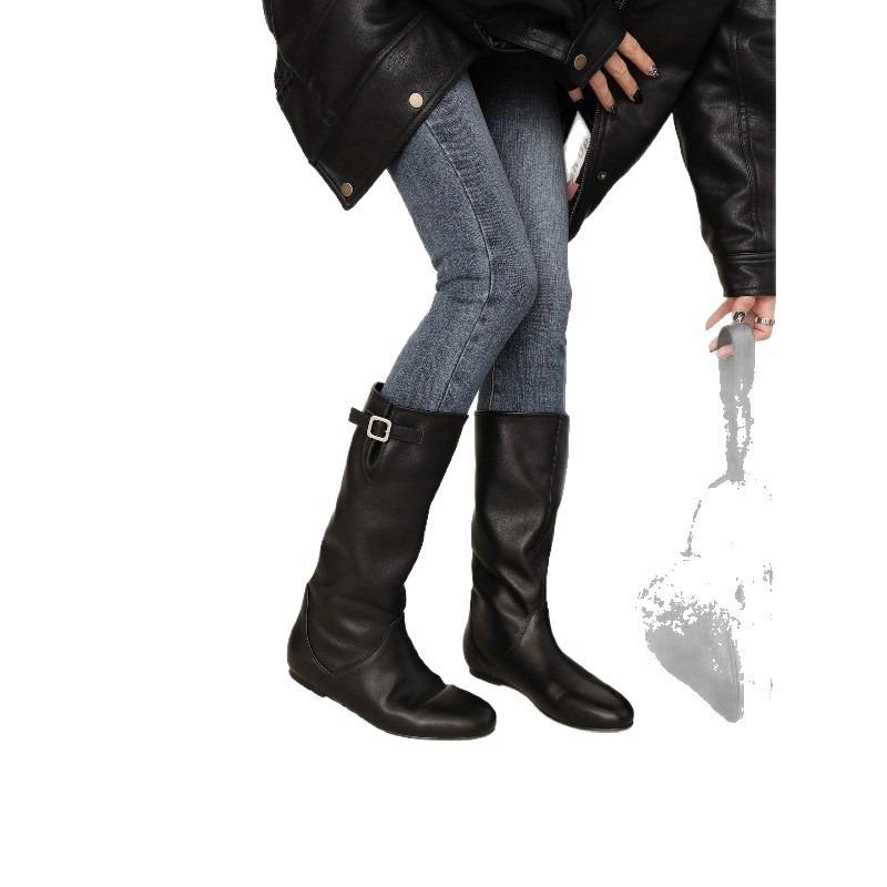 Cowhide Version~ Skinny Inner Height-increasing Boots Suede Knight Boots Women's Round Head But Knee Boots Folded Western Boots