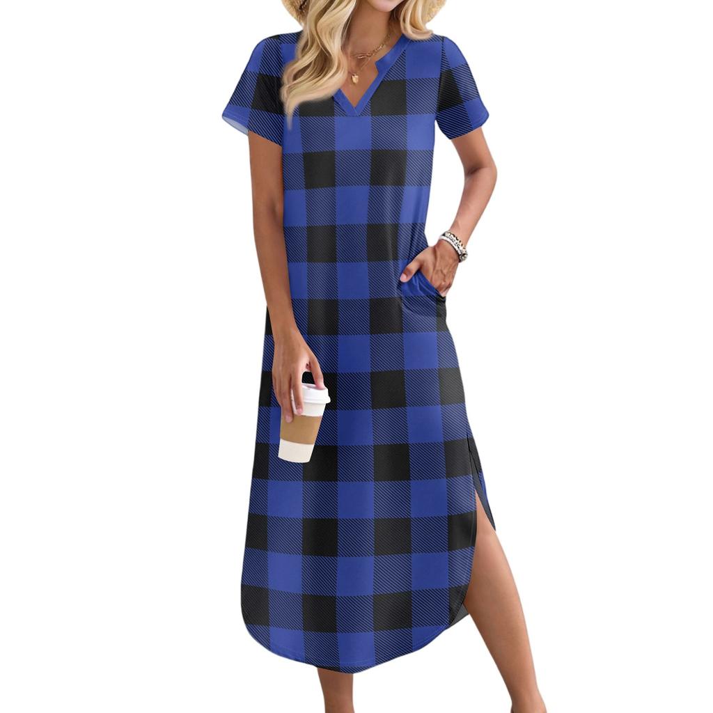 Women's Casual Comfortable V Neck Loose Hem Split Vacation Short Sleeve Plaid Long Dresses