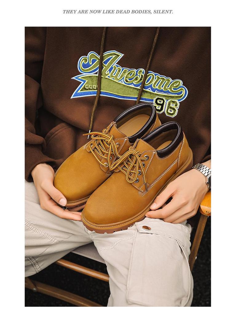 Men's Retro Yellow Leather Low-Top Martin Motorcycle Boots with Oxford Outsole