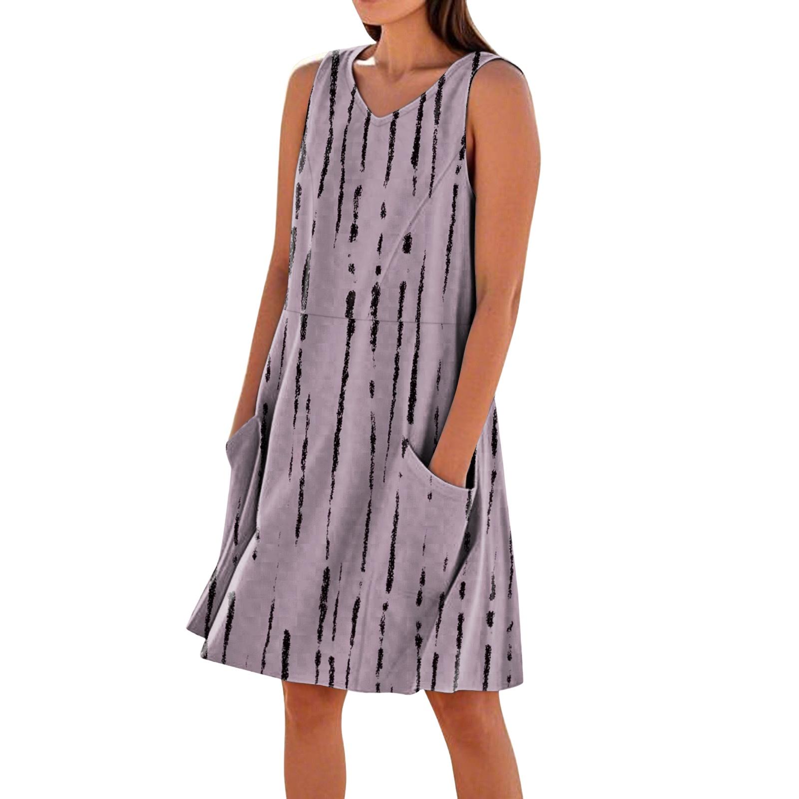 

Sleeveless V Neck Casual Dress with Geometric Print and Pockets Relaxed Fit Lightweight Fabric for Women M фіолетовий