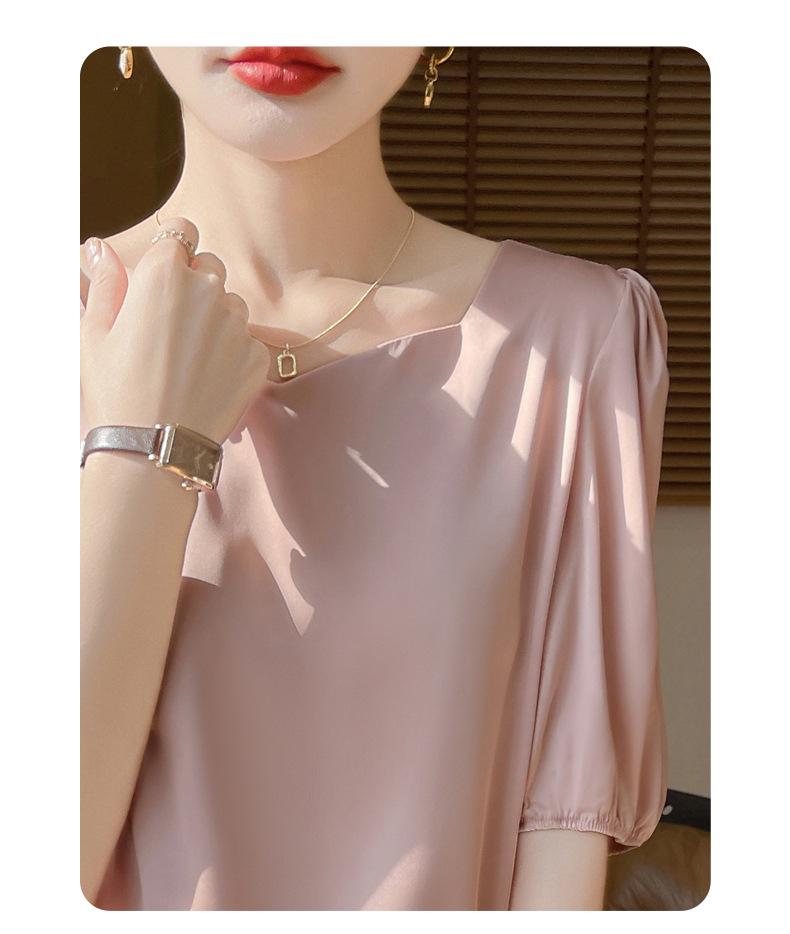 Damen Sommer Acetat Satin Diamantkragen Locker Kurzarm Mode Top