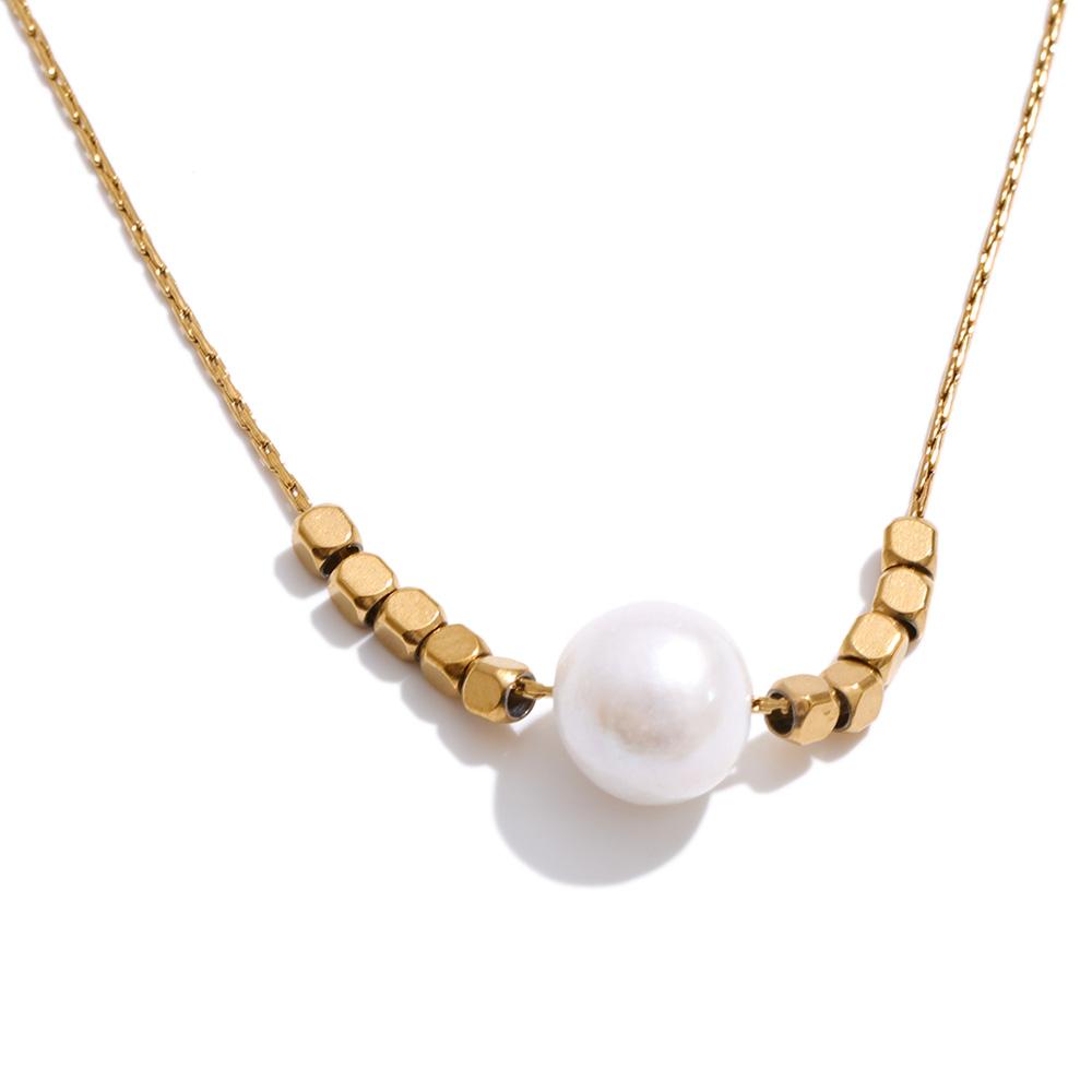 Yhpup Stainless Steel Natural Pearl Chic Pendant Necklace Summer Wear Stylish Simple Trendy Jewelry PVD Waterproof Plated