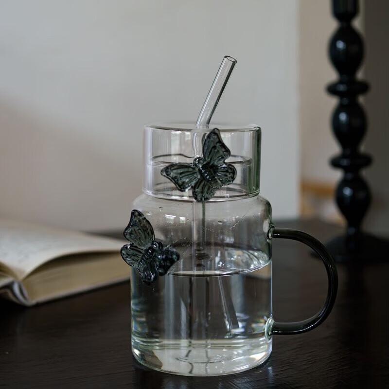 ZISIZ Pink Butterfly Glass Straw Cup Set