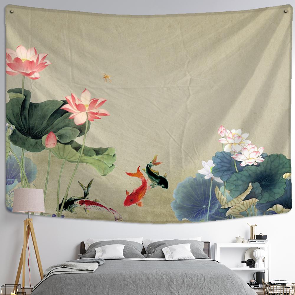 Lotus Ink Background Painting Tapestry Wall Hanging Koi Bohemian Minimalist Aesthetic Home Decoration