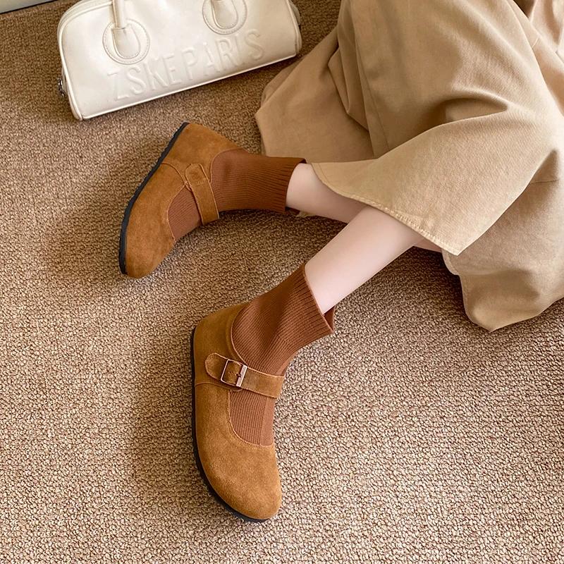 Fashion Women's Flat Boots Round Toe Belt Buckle Soft Suede Leather Shoes Women Leisure Dress Fashion Retro Flats Zapatillas De Mujer