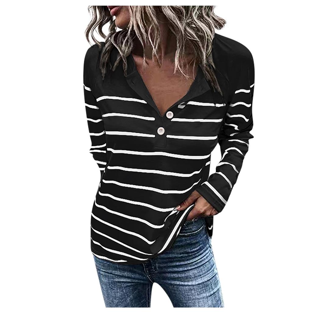 Ladies Casual Striped Round Neck Button Casual Loose Long Sleeve T-Shirt