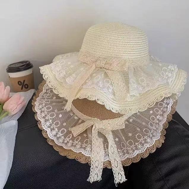 Summer Woven Straw Hat With Wide Brim And Lace Bow Decoration For Wear Daily