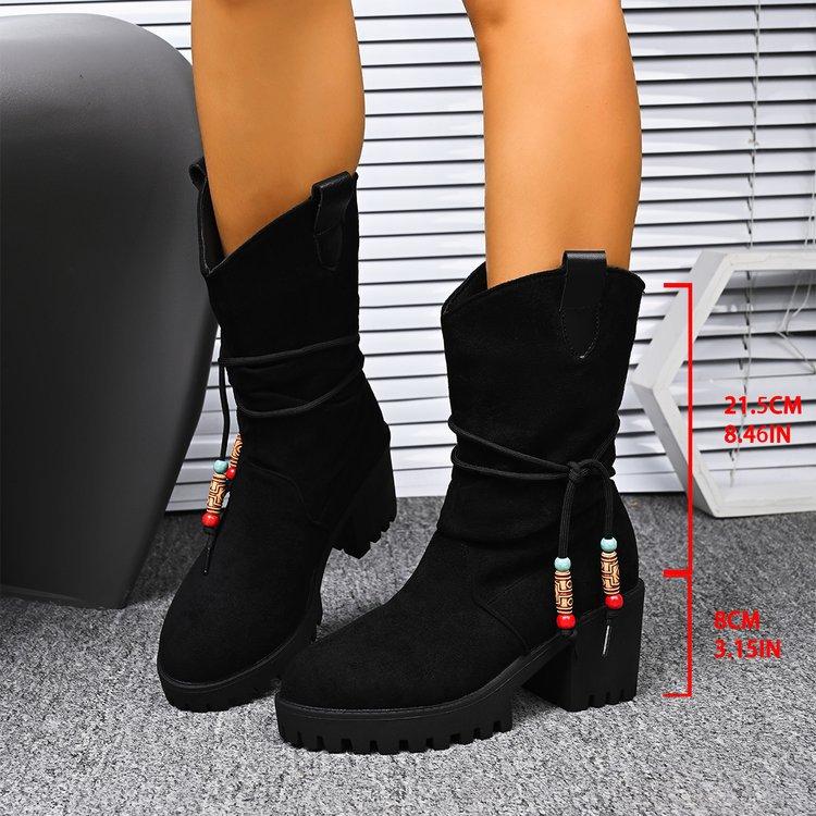 

Большого размера средний каблук круглый носок V-образный вырез замшевые модные ботильоны осень-зима новые в европейском и американском стиле увеличивающие рост женские ботинки 43 чёрный