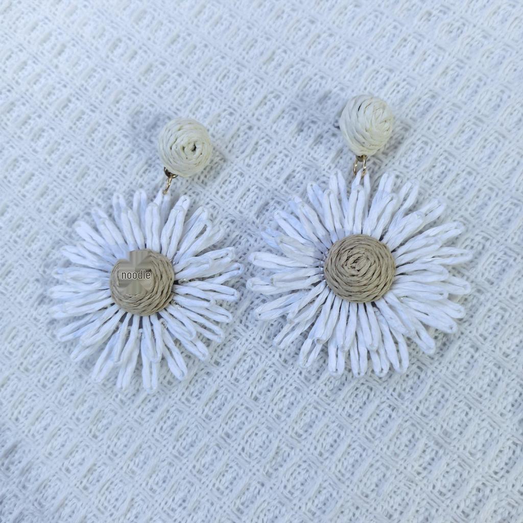 Handmade Raffia Flower Earrings with Steel Posts - Niche European & American Fashion Accessory