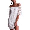 Mini Abito Estivo da Donna Scollo Bardot con Pizzo Floreale a Occhiolino Scollato Manica Corta Casual per Spiaggia Vacanza Festa