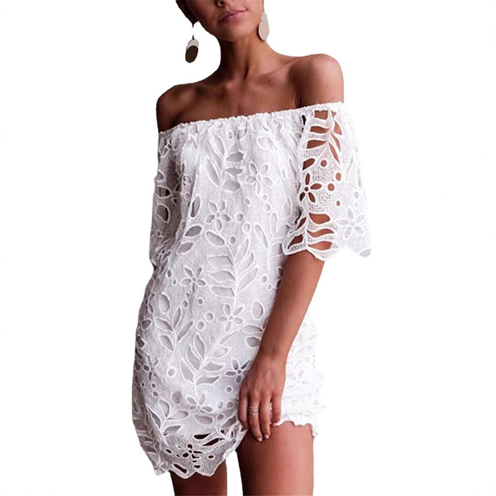 Mini Abito Estivo da Donna Scollo Bardot con Pizzo Floreale a Occhiolino Scollato Manica Corta Casual per Spiaggia Vacanza Festa