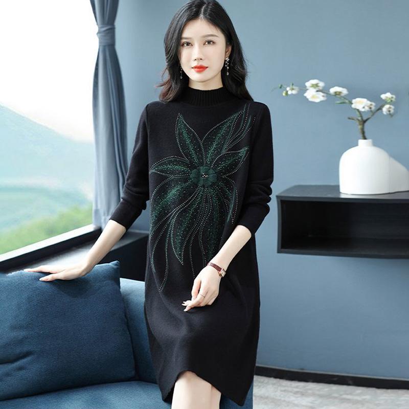 Robes pour Femme Coton Hiver Chaud Col Rond Manches Longues Vintage Décontracté Imprimé Long Tricot Stretch Pull Robes