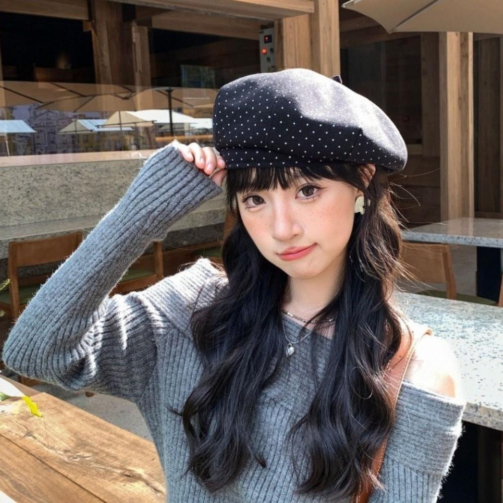 Korean Style Women Painter Hat Keep Warm Women Octagonal Cap Sweet Polka Dot Beret Hat  Outdoor