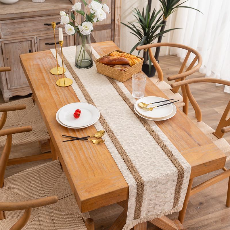 American Cotton Linen Table Runner, Natural Color with Tassels, Stripes, Diamonds, and Plaid Pattern for Dining Table or Sideboard Decoration.